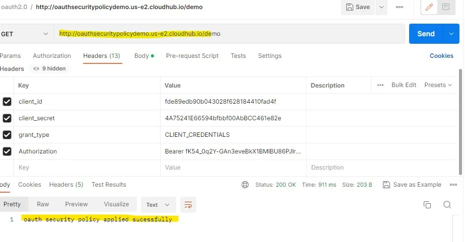 Testing with Bearer token succeeds with HTTP 200 OK and response payload
