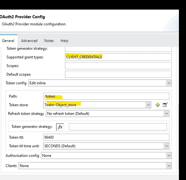 Supported Grant Types CLIENT_CREDENTIALS, path /token, and Token Object Store