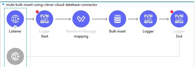 Anypoint Studio Flow with HTTP Listener, Transform Message, and Bulk Insert Connector