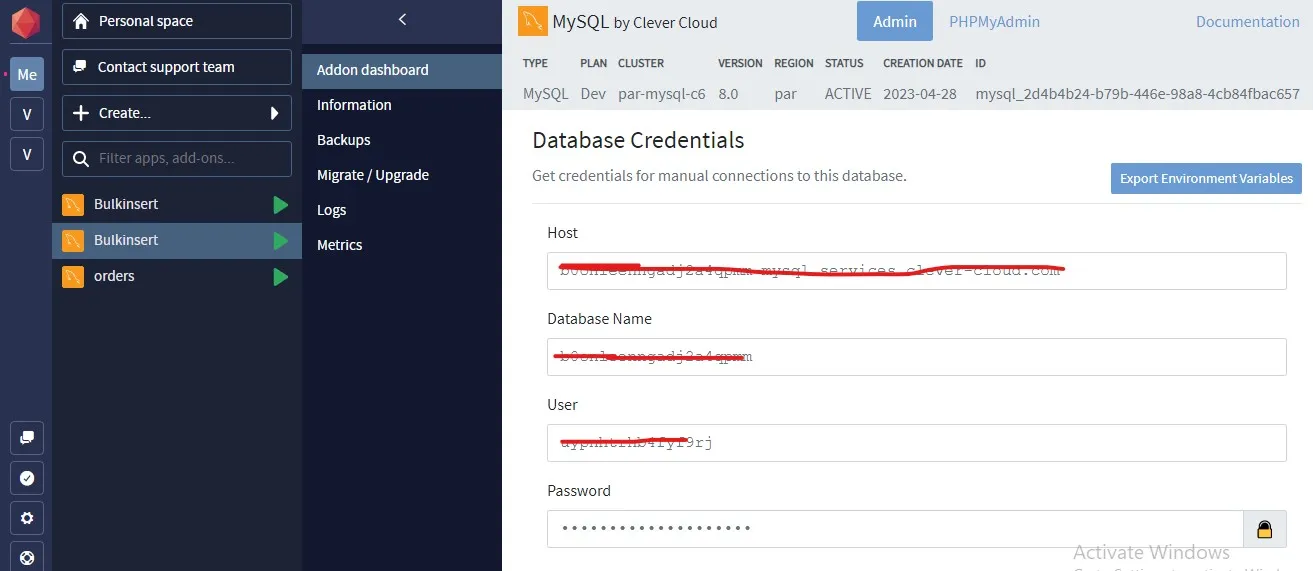 MySQL Add-on Connection Credentials