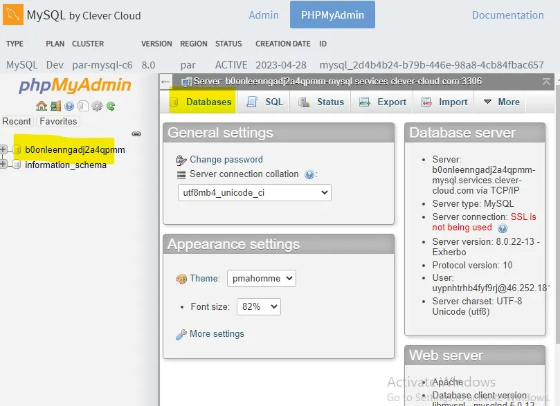 Accessing phpMyAdmin from Clever Cloud dashboard