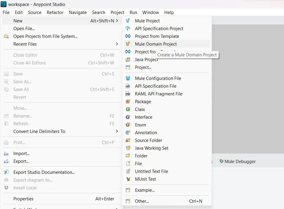 Create the domain project in anypoint studio. File -> New -> Mule Domain Project