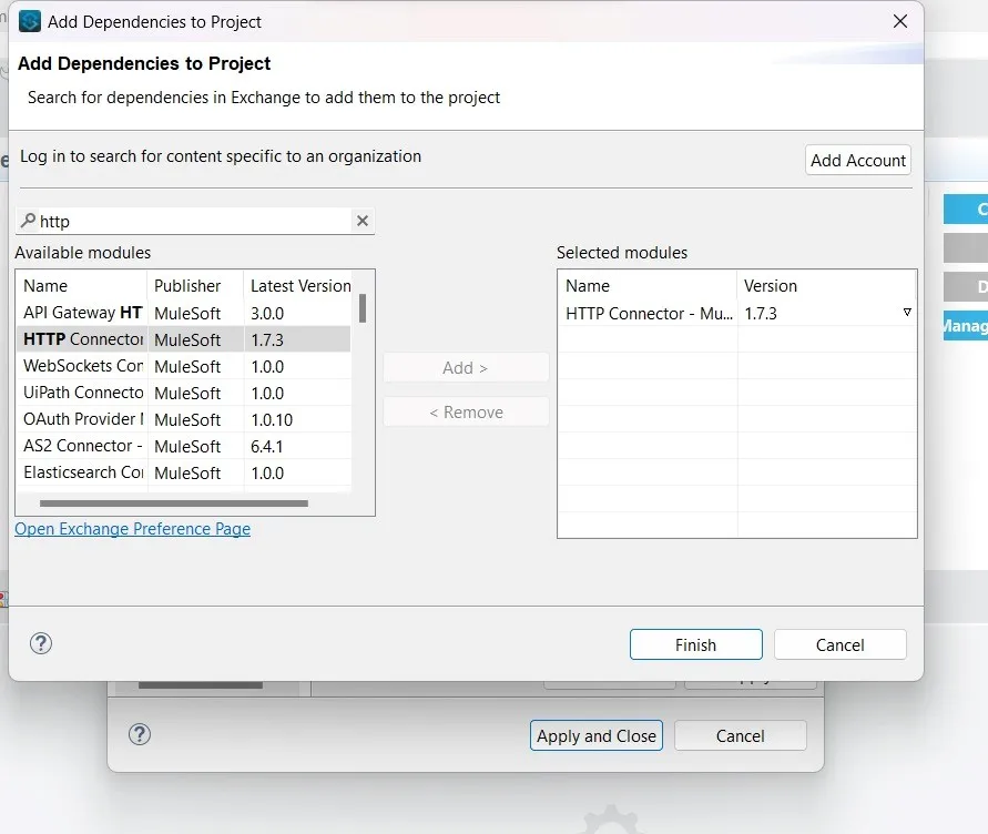 Click on + button to add modules. From exchange import the HTTP and socket module and the modules which required. (Continued)