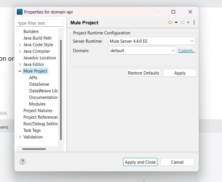 Right click on the mule application. Click on properties. Go to mule project.